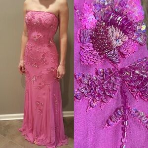Vintage 100% Silk Beaded Dress Pink Strapless Floral Silk Dress Prom Fairy